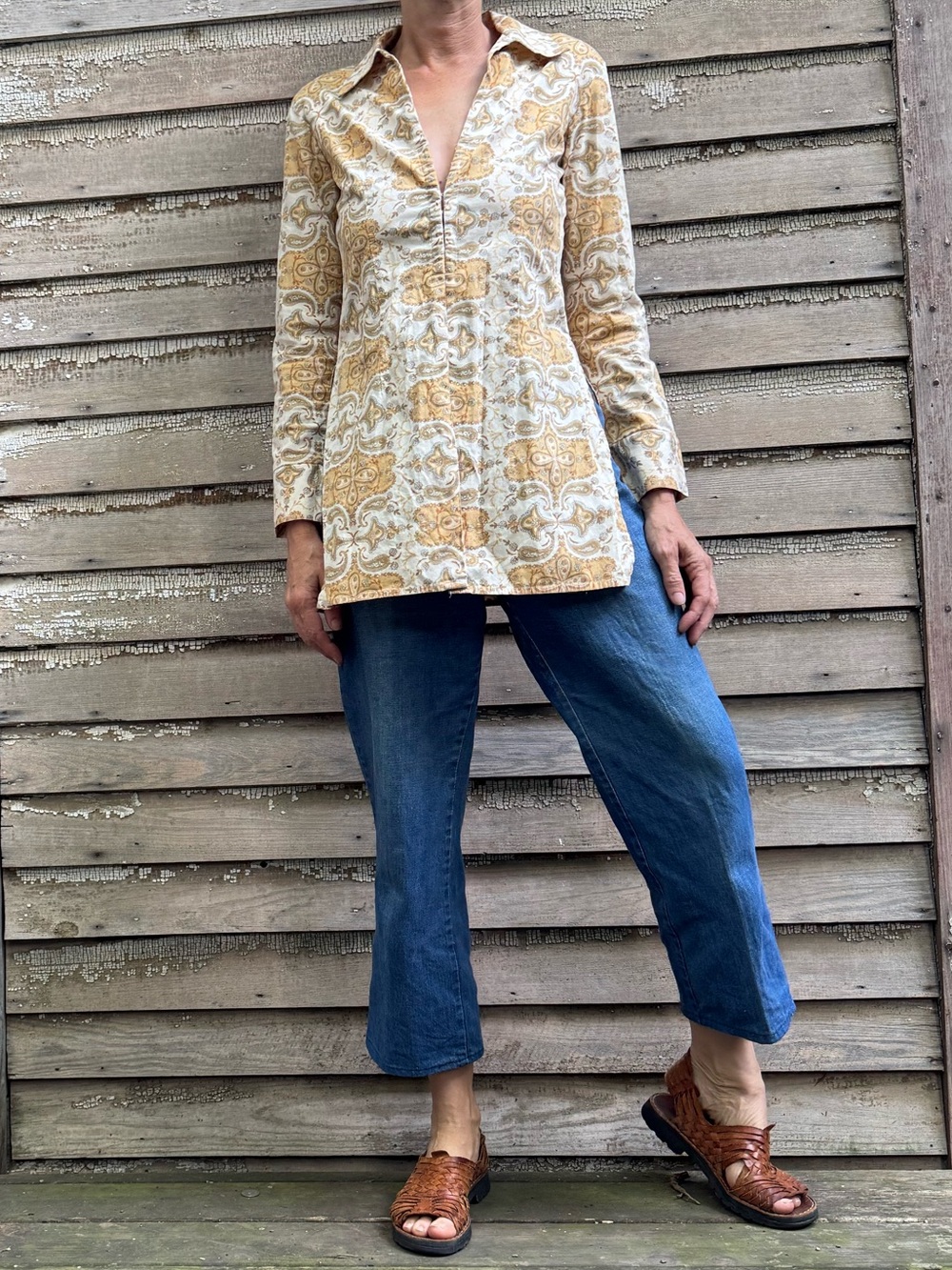 VTG Frenchi Paisley Tunic Shirt in Cream, Tan and Light Blue - Picture 9 of 16